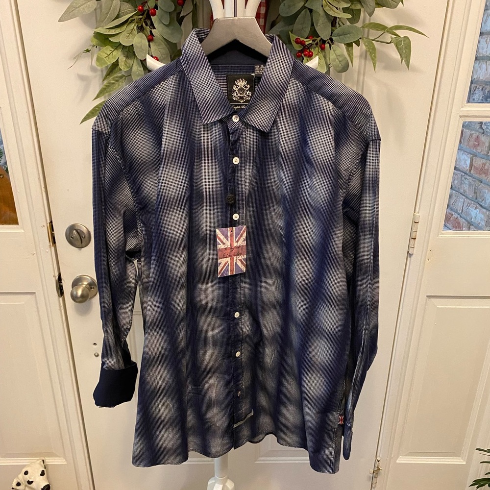 NWT English Laundry Ombre Micro Plaid Grid Button Down Shirt Flip Cuff LS XL